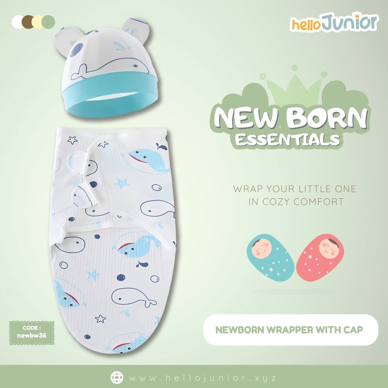 Infant Cotton Swaddle Wrap with Hat / Newborn Baby Wrapper for 0-12 months