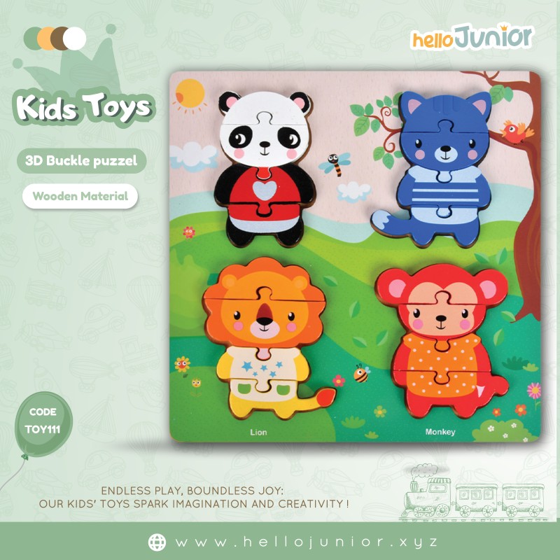 Wooden Puzzle Set – Panda, Lion, Cat, Monkey | For Kids 6 Months+