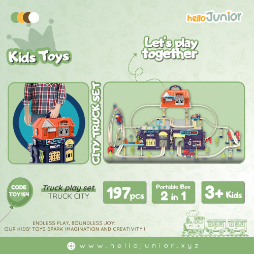 HelloJunior City Truck Set - 197-Piece Portable 2-in-1 Truck City Track Set