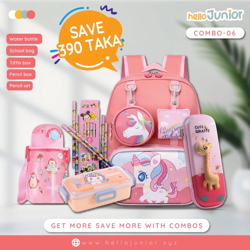 Hello Junior Stationary Combo: A stylish bag, water bottle, tiffin box , Pencil box, pencil set all in one exciting and functional set!
